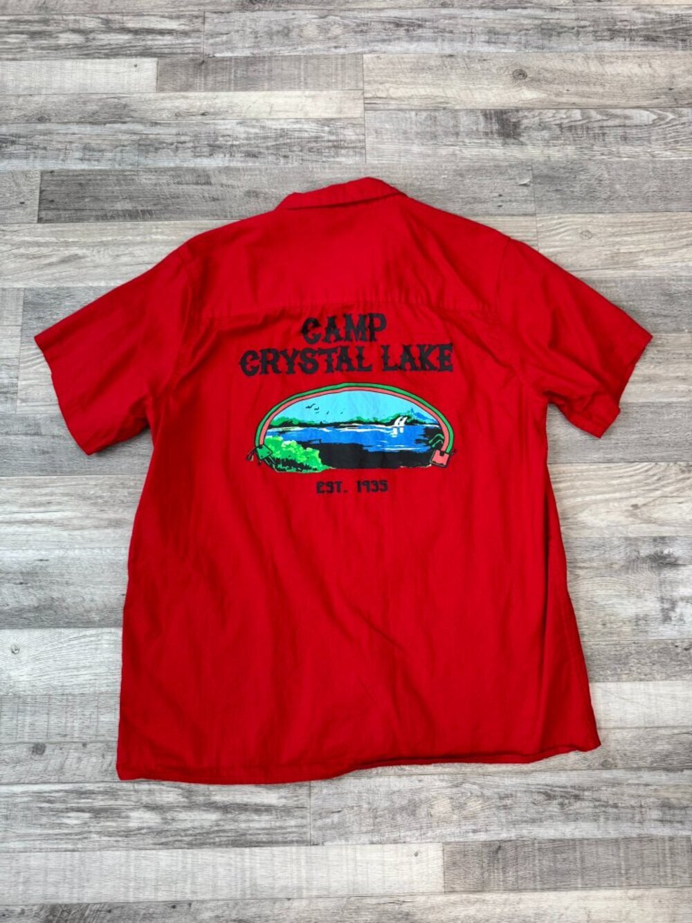 Friday the 13th Camp Crystal Lake red short sleeve button down shirt mens XL B24